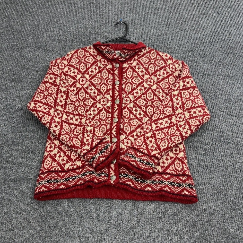 Vintage LL Bean Cardigan Womens S Red Wool Fair Isle Nordic Button Up Sweater